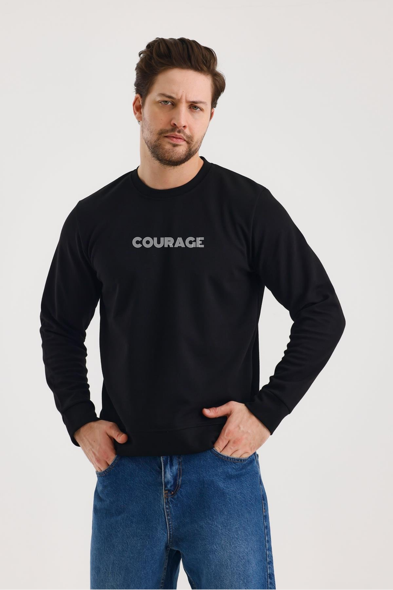 FİHA/2077-UNISEX BASKILI SIFIR YAKA SWEAT - SİYAH