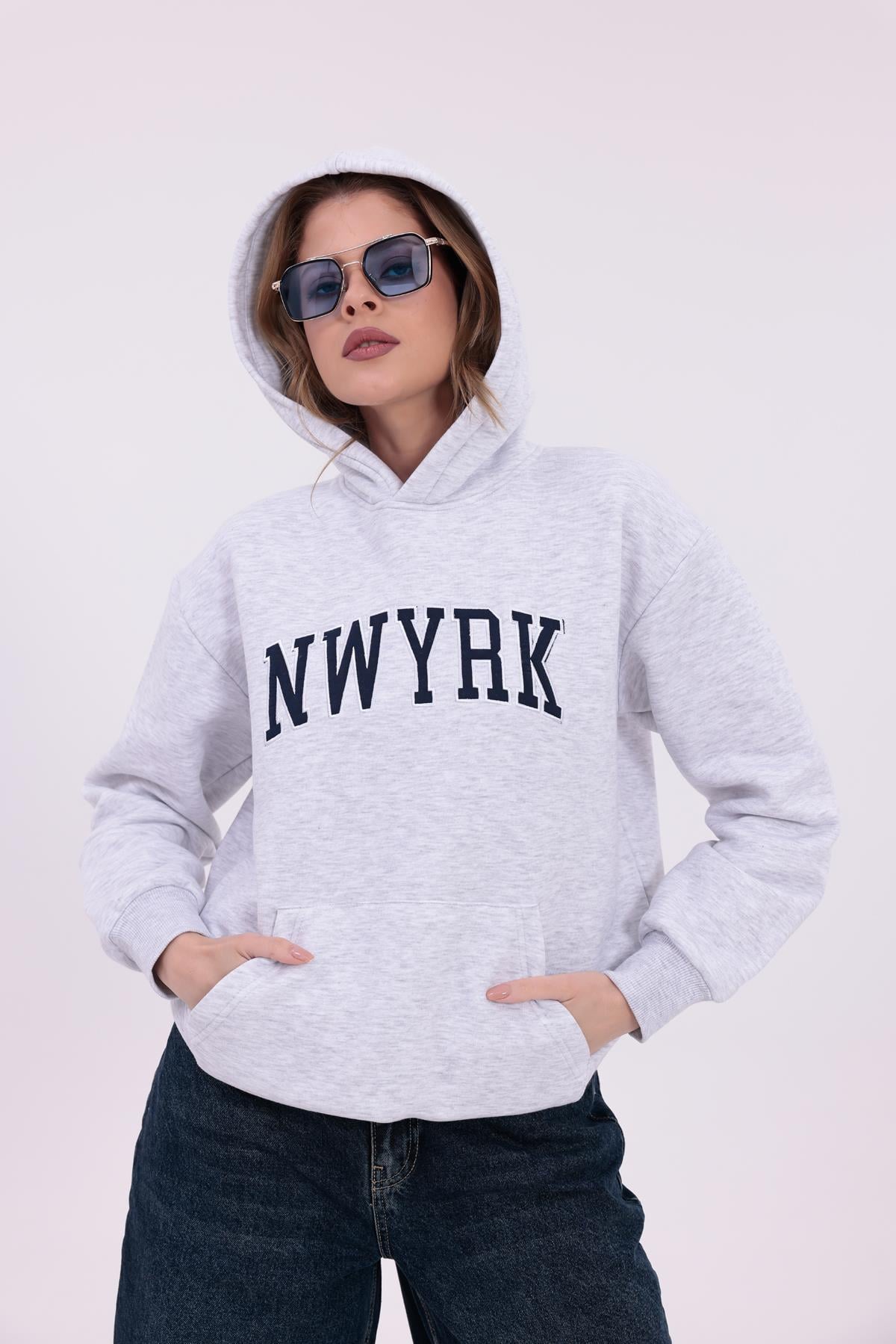 FİHA/2096-NWYRK NAKIŞLI OVERSIZE KAPSONLU SWEAT - KARMELANJ