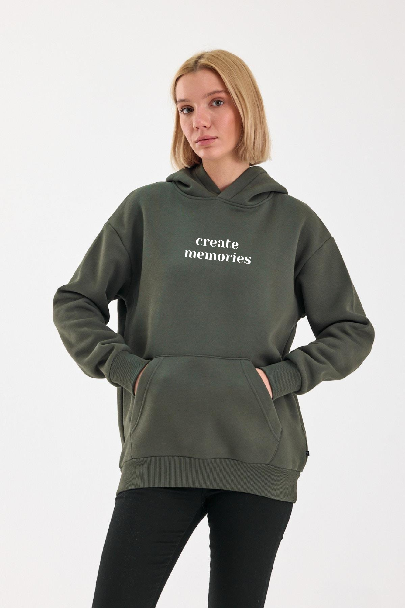 FİHA/2506-UNISEX BASKILI ŞARDONLU KAPŞONLU SWEAT - HAKİ