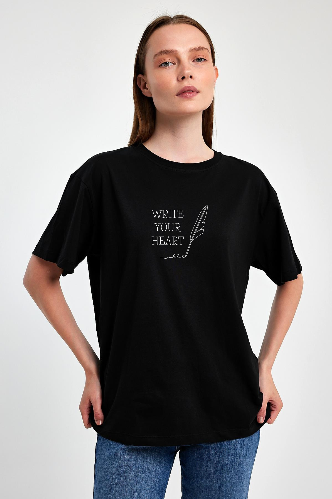 FİHA/2512-UNISEX OVERSIZE BASKILI SIFIR YAKA TSHIRT - SİYAH