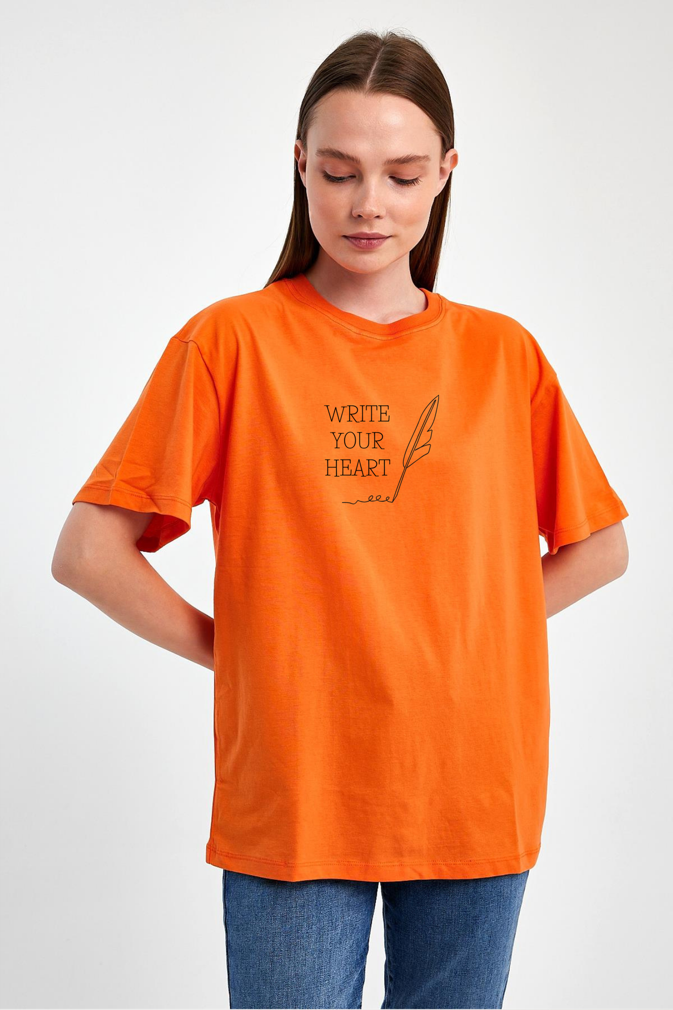 FİHA/2512-UNISEX OVERSIZE BASKILI SIFIR YAKA TSHIRT - ORANJ