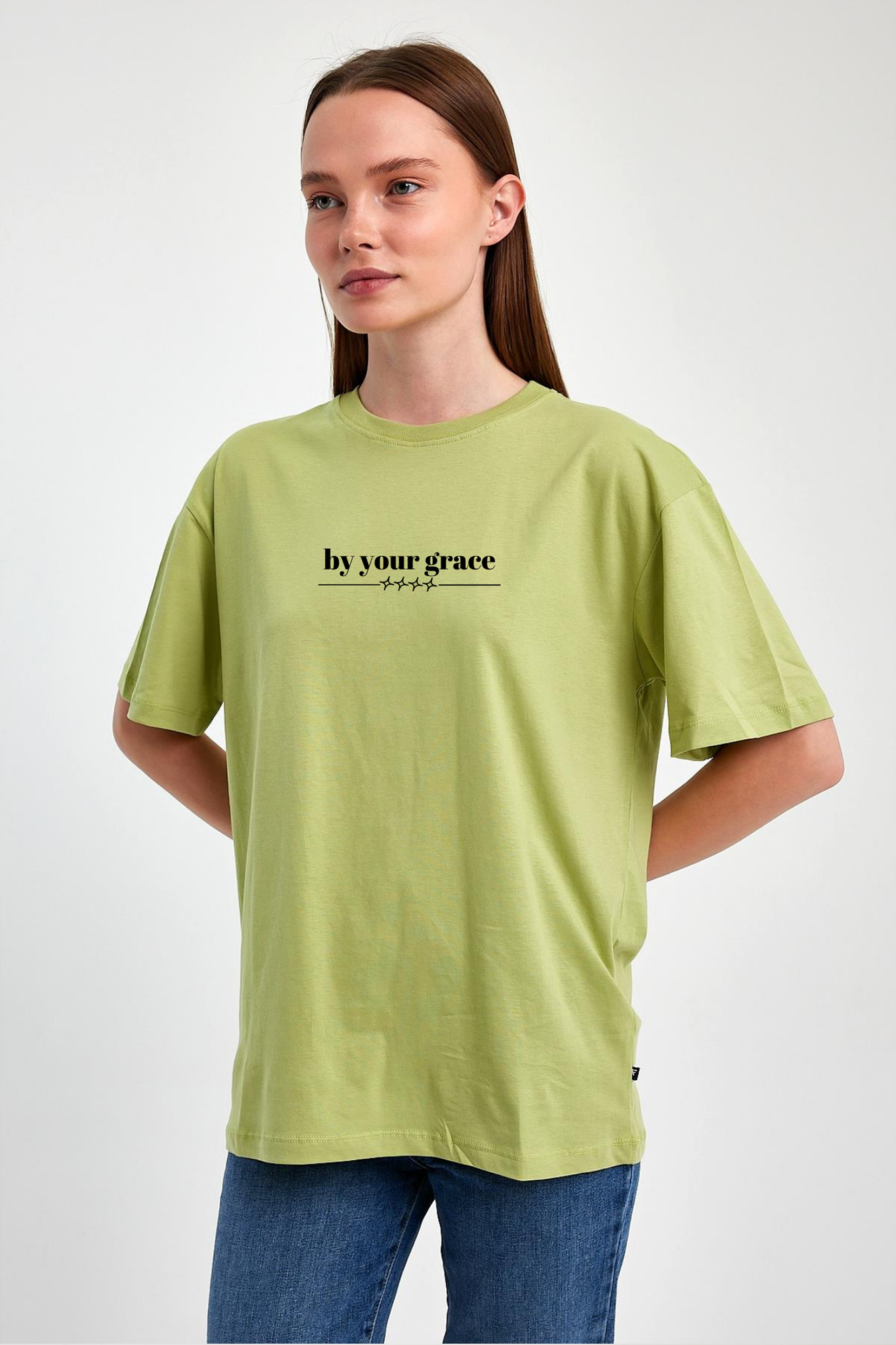 FİHA/2513-UNISEX OVERSIZE BASKILI SIFIR YAKA TSHIRT - FISTIK YEŞİLİ