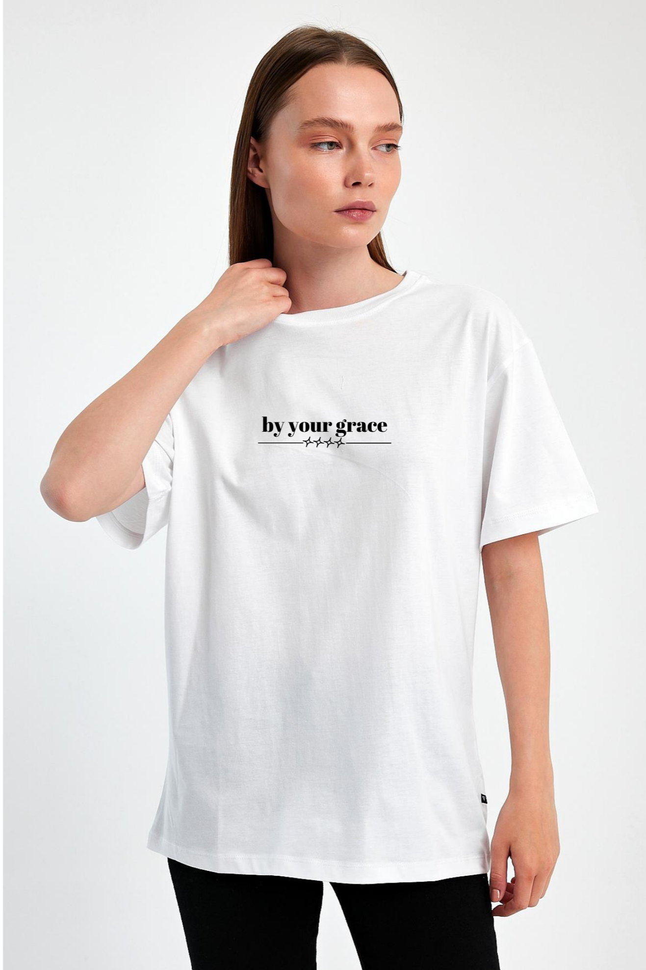FİHA/2513-UNISEX OVERSIZE BASKILI SIFIR YAKA TSHIRT - BEYAZ