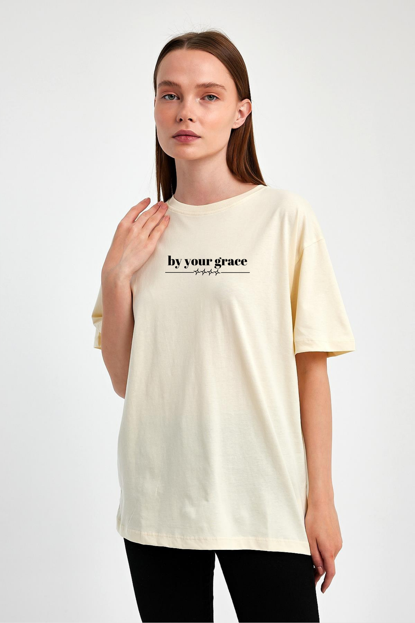 FİHA/2513-UNISEX OVERSIZE BASKILI SIFIR YAKA TSHIRT - EKRU