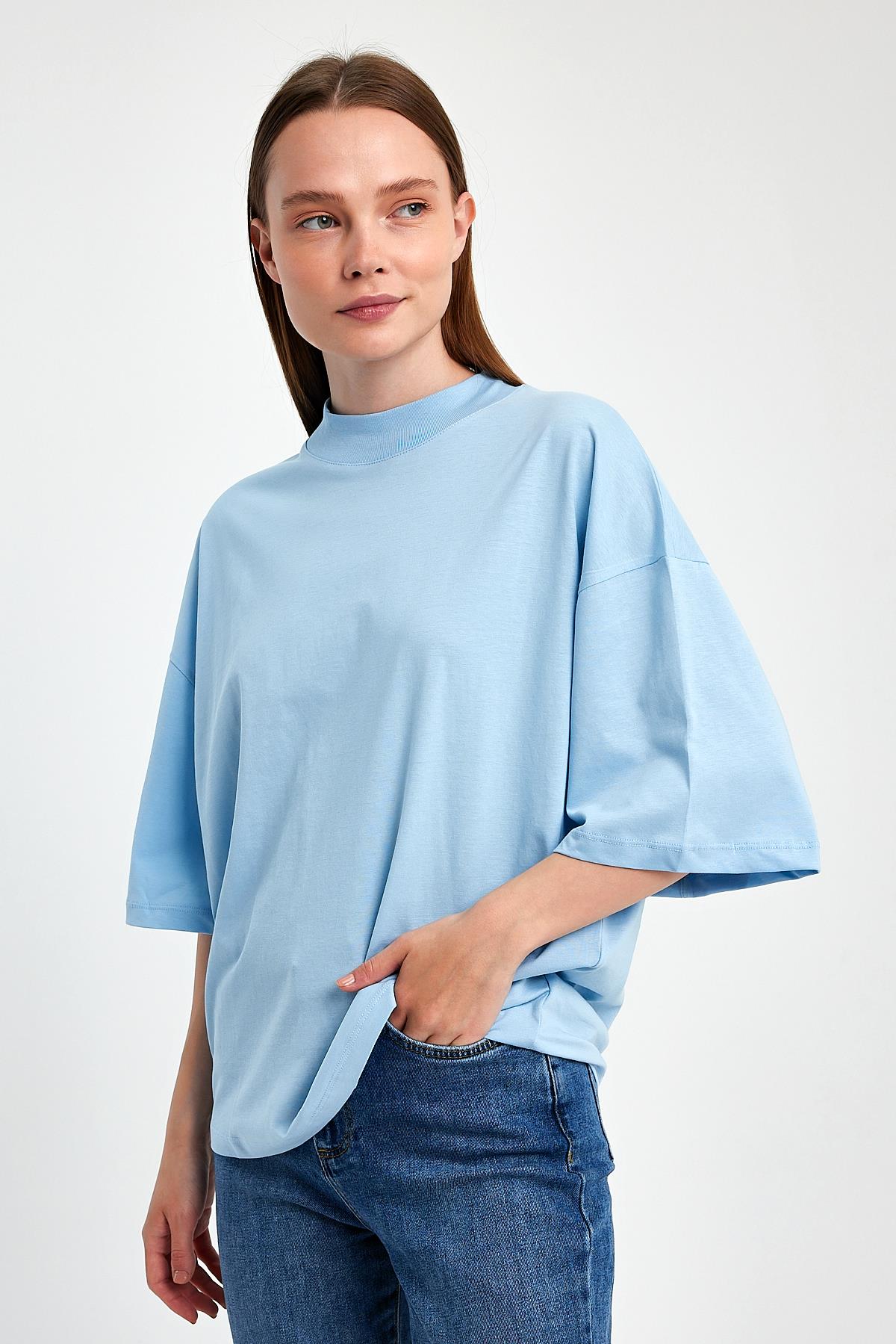 FİHA/3012-KADIN YARIM BALIKCI YAKA KISA KOL T-SHIRT - AİRY BLUE