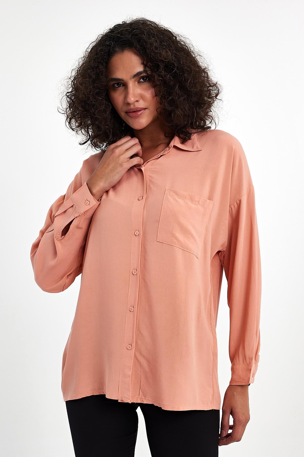 FİHA/3040-KADIN OVERSIZE POPLİN GÖMLEK - PUDRA