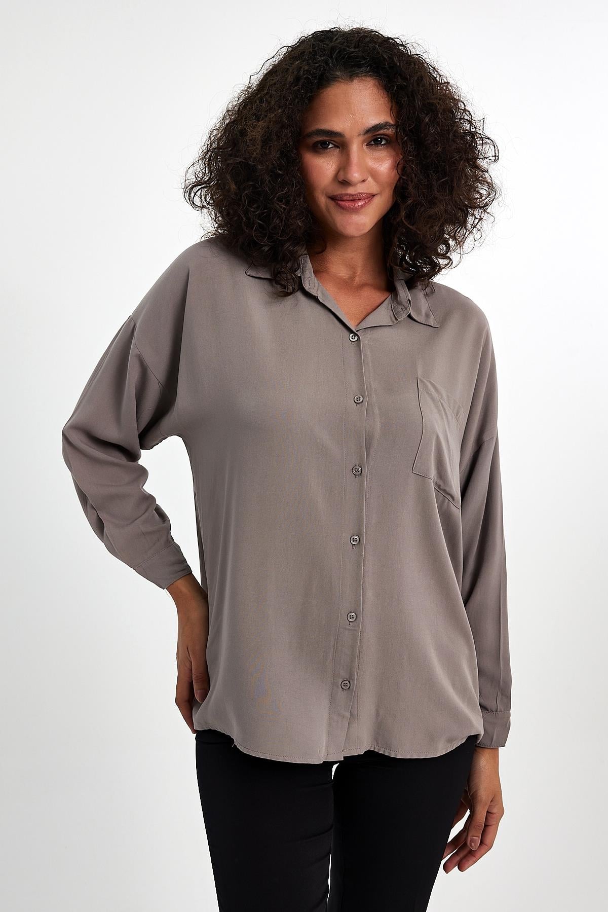 FİHA/3040-KADIN OVERSIZE POPLİN GÖMLEK - TAŞ
