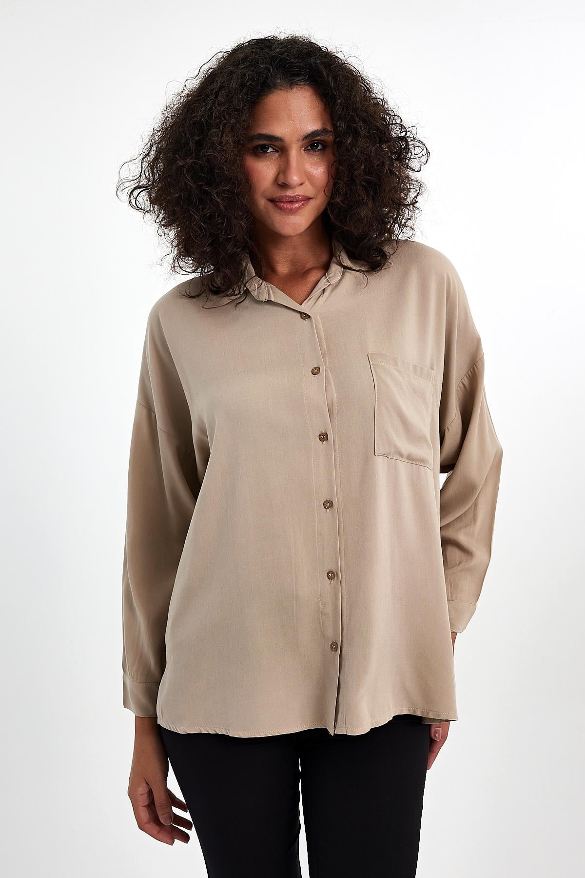 FİHA/3040-KADIN OVERSIZE POPLİN GÖMLEK - BEJ