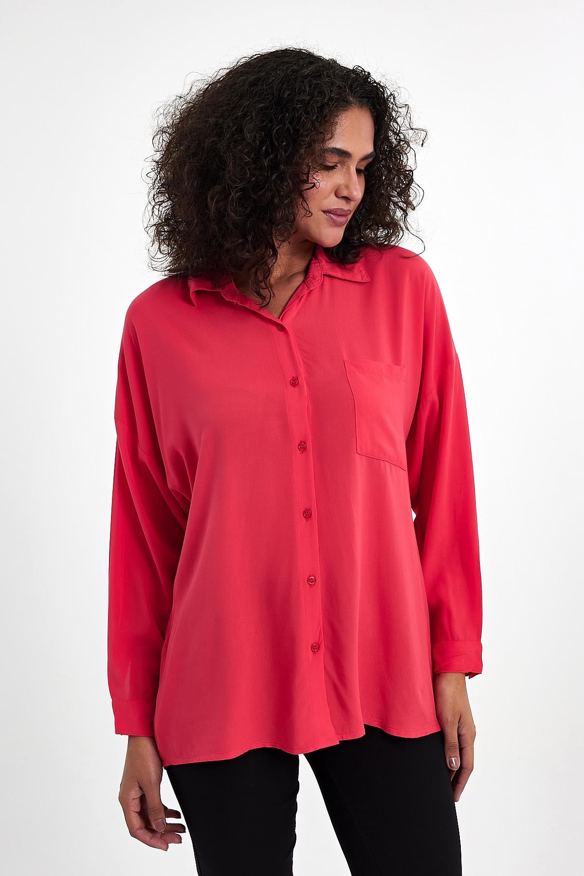 FİHA/3040-KADIN OVERSIZE POPLİN GÖMLEK - MERCAN