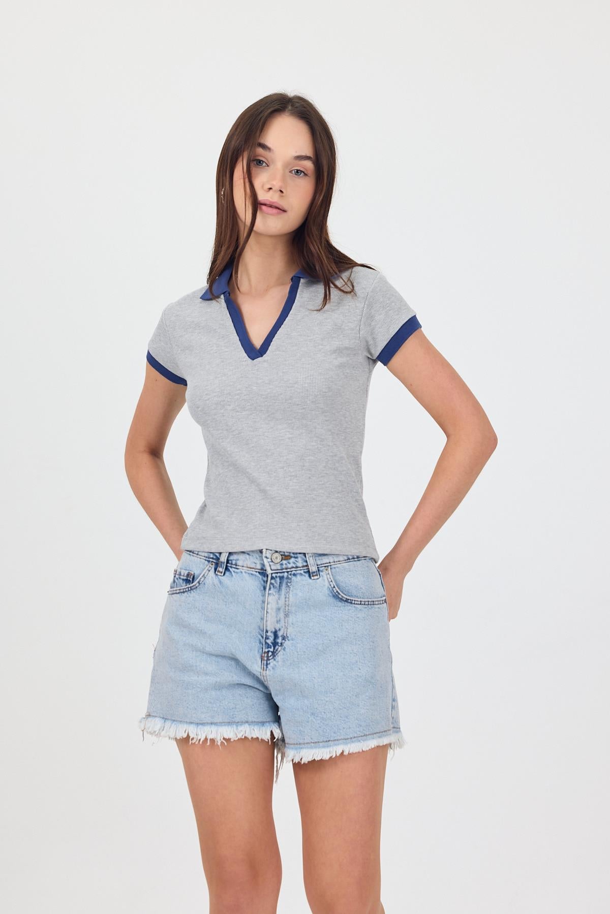 FİHA/3044-KADIN KAŞKORSE POLO YAKA TSHIRT - LT.GREY MEL