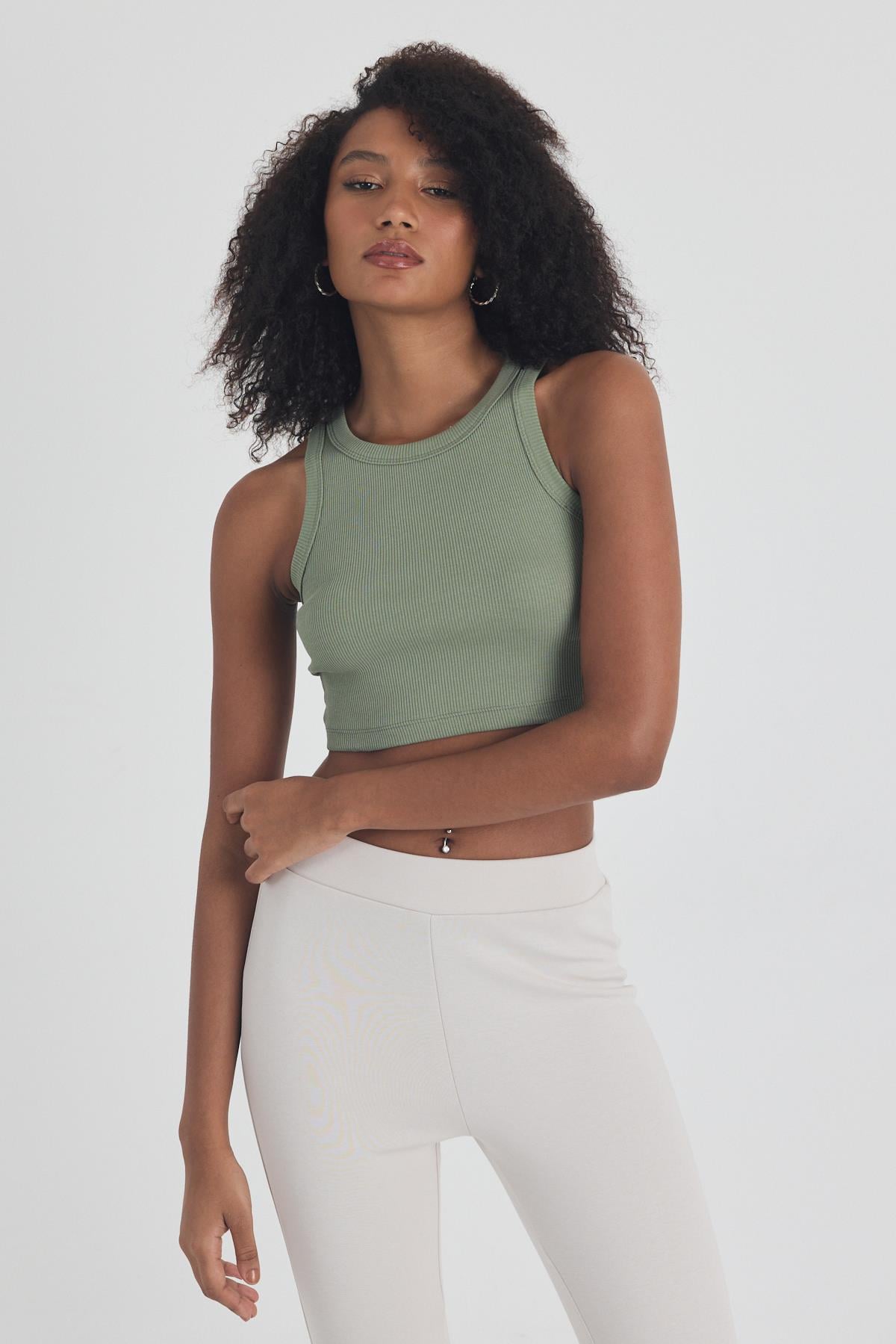 FİHA/3049-KADIN KAŞKORSE BİYELİ CROP - HAKİ