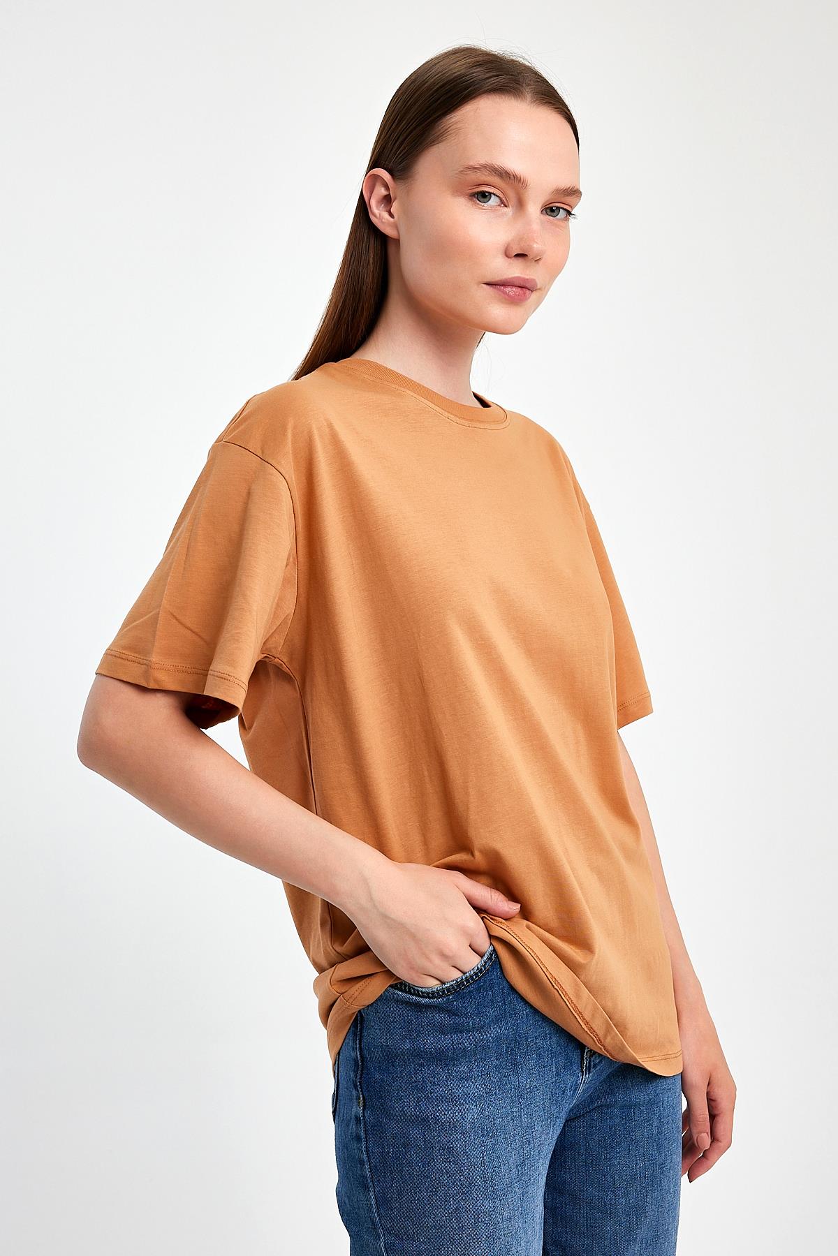 FİHA/3095-KADIN OVERSIZE T-SHIRT - MACCHİATO