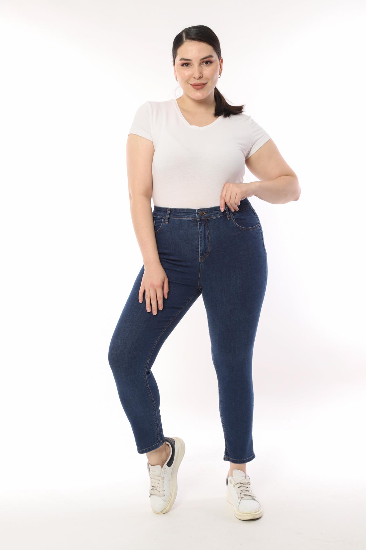 FİHA/4023-KADIN BATTAL DÜZ JEANS - KOYU MAVİ