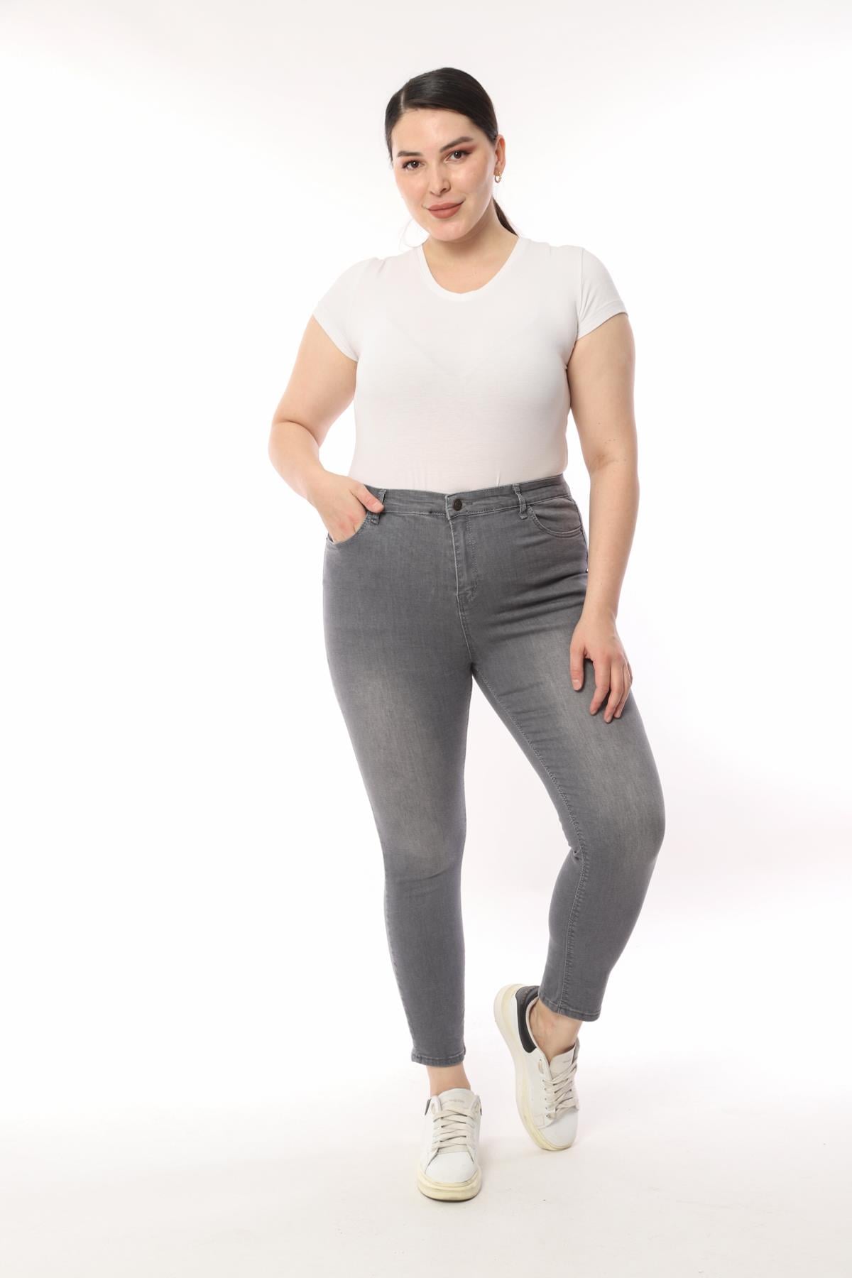 FİHA/4026-KADIN BATTAL TAŞLAMALI JEANS - GRİ