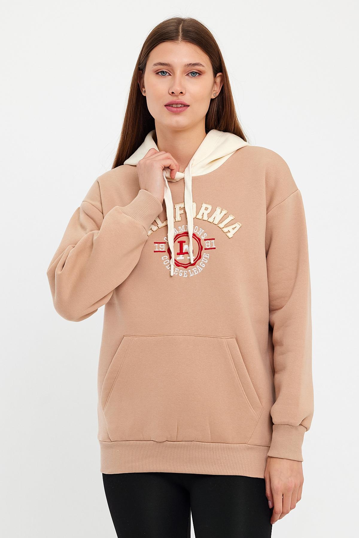 FİHA/5013-KADIN KAPŞONLU ÖN NAKIŞLI SWEAT - BEJ