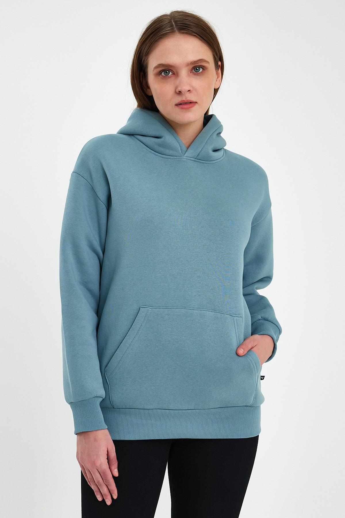FİHA/5019-UNISEX 3 İPLİK ŞARDONLU KAPŞONLU SWEAT - SAGE LEAF