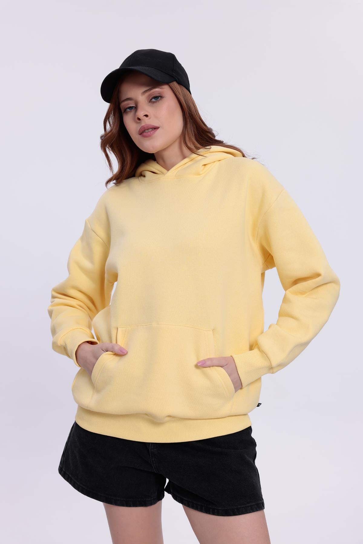 FİHA/5019-UNISEX 3 İPLİK ŞARDONLU KAPŞONLU SWEAT - SARI