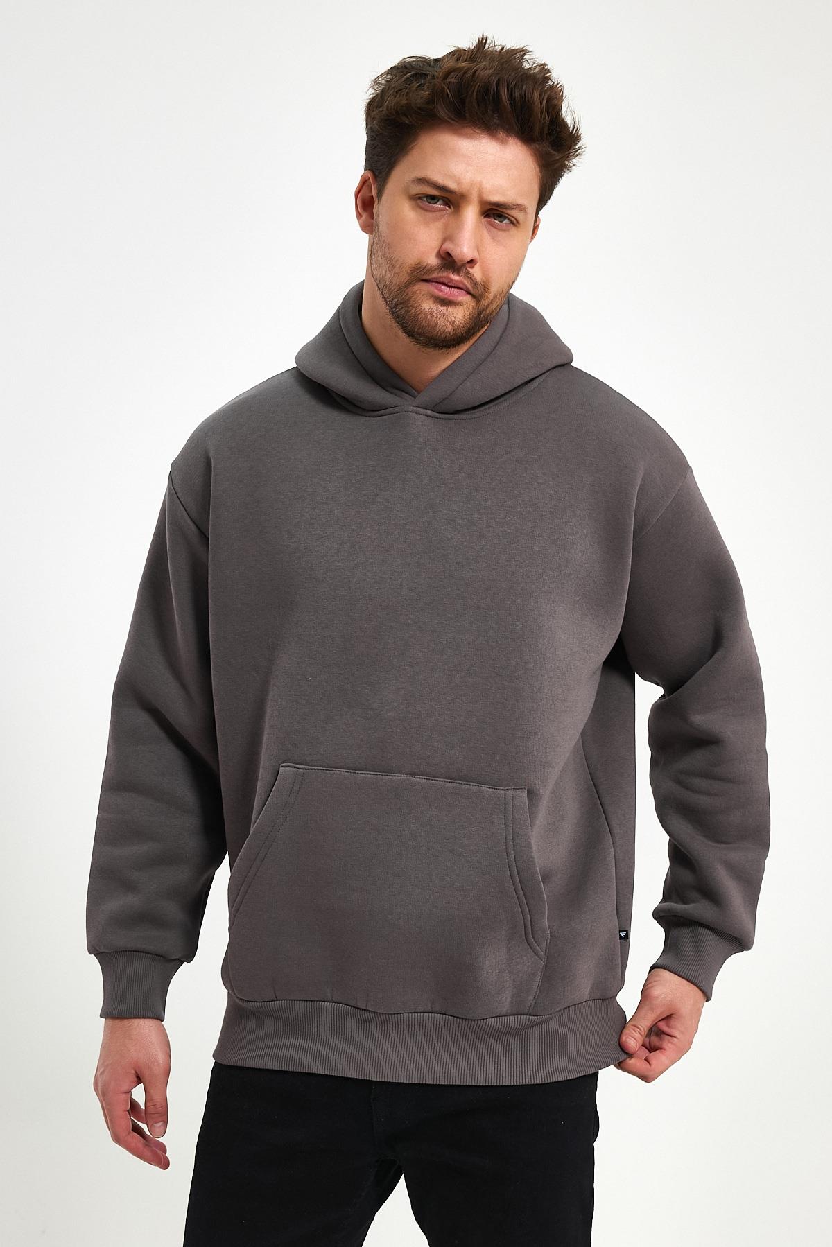 FİHA/5019-UNISEX 3 İPLİK ŞARDONLU KAPŞONLU SWEAT - DARK GULL GREY