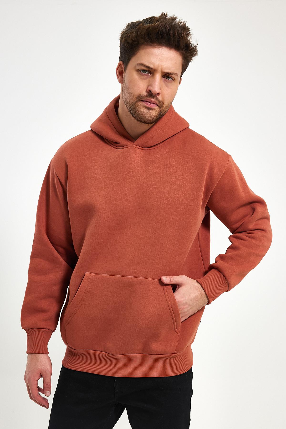 FİHA/5019-UNISEX 3 İPLİK ŞARDONLU KAPŞONLU SWEAT - COPPER BROWN