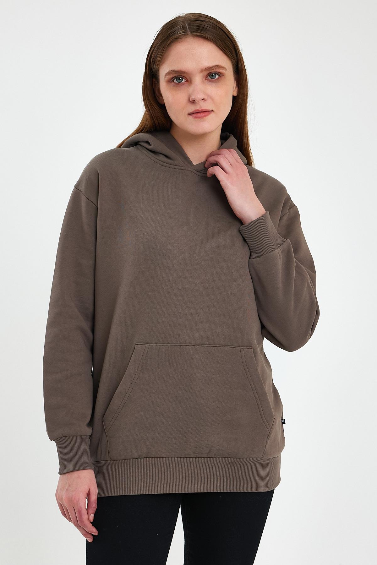 FİHA/5019-UNISEX 3 İPLİK ŞARDONLU KAPŞONLU SWEAT - KAHVE