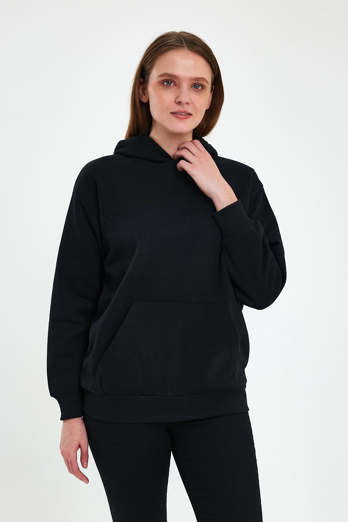FİHA/5019-UNISEX 3 İPLİK ŞARDONLU KAPŞONLU SWEAT - SİYAH