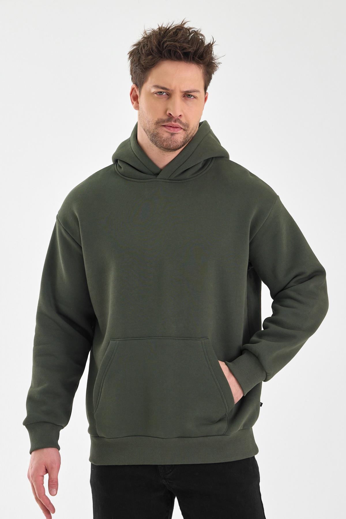 FİHA/5019-UNISEX 3 İPLİK ŞARDONLU KAPŞONLU SWEAT - HAKİ