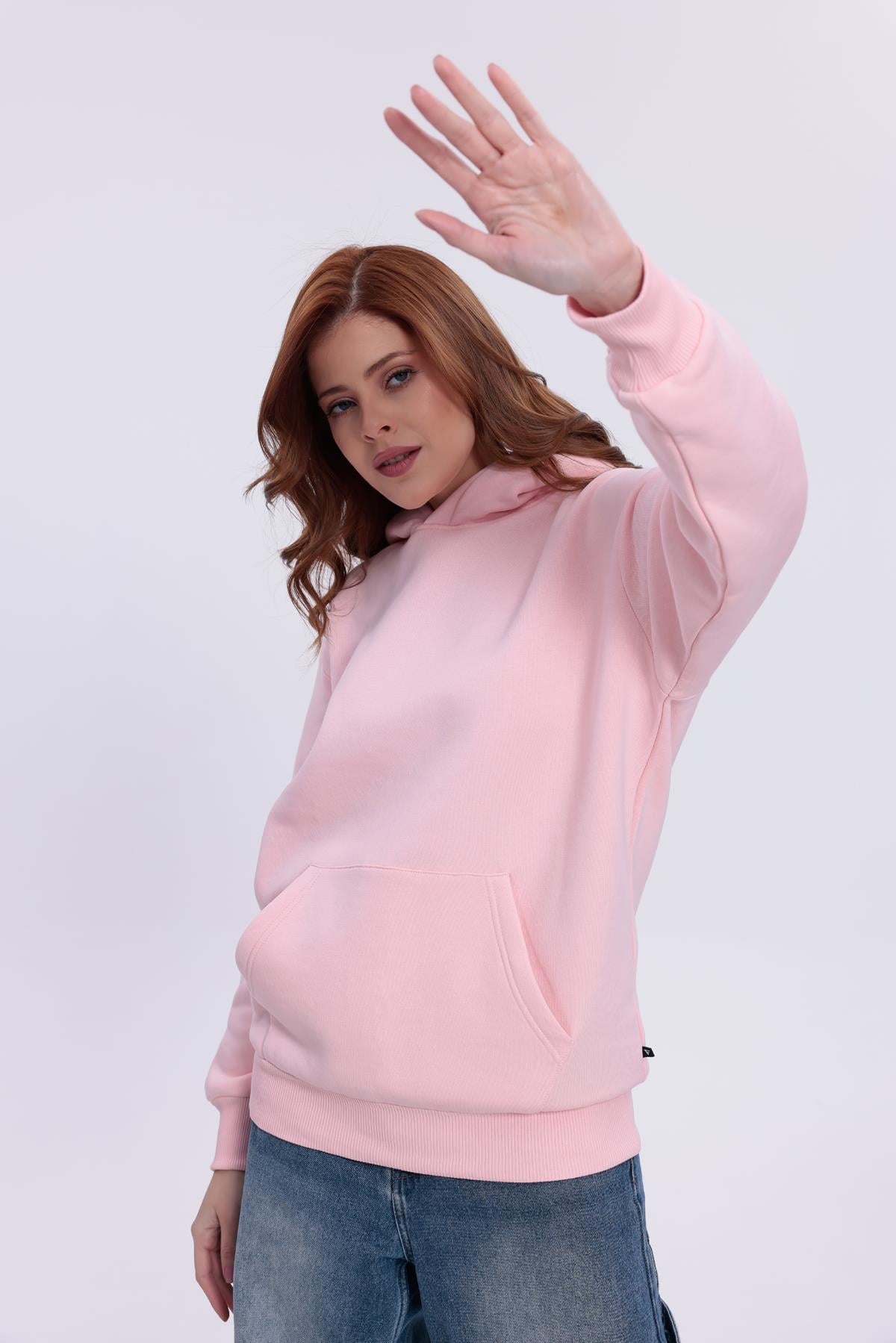 FİHA/5019-UNISEX 3 İPLİK ŞARDONLU KAPŞONLU SWEAT - PEMBE