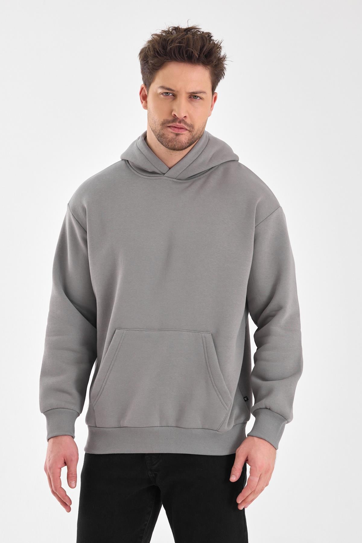 FİHA/5019-UNISEX 3 İPLİK ŞARDONLU KAPŞONLU SWEAT - GRİ