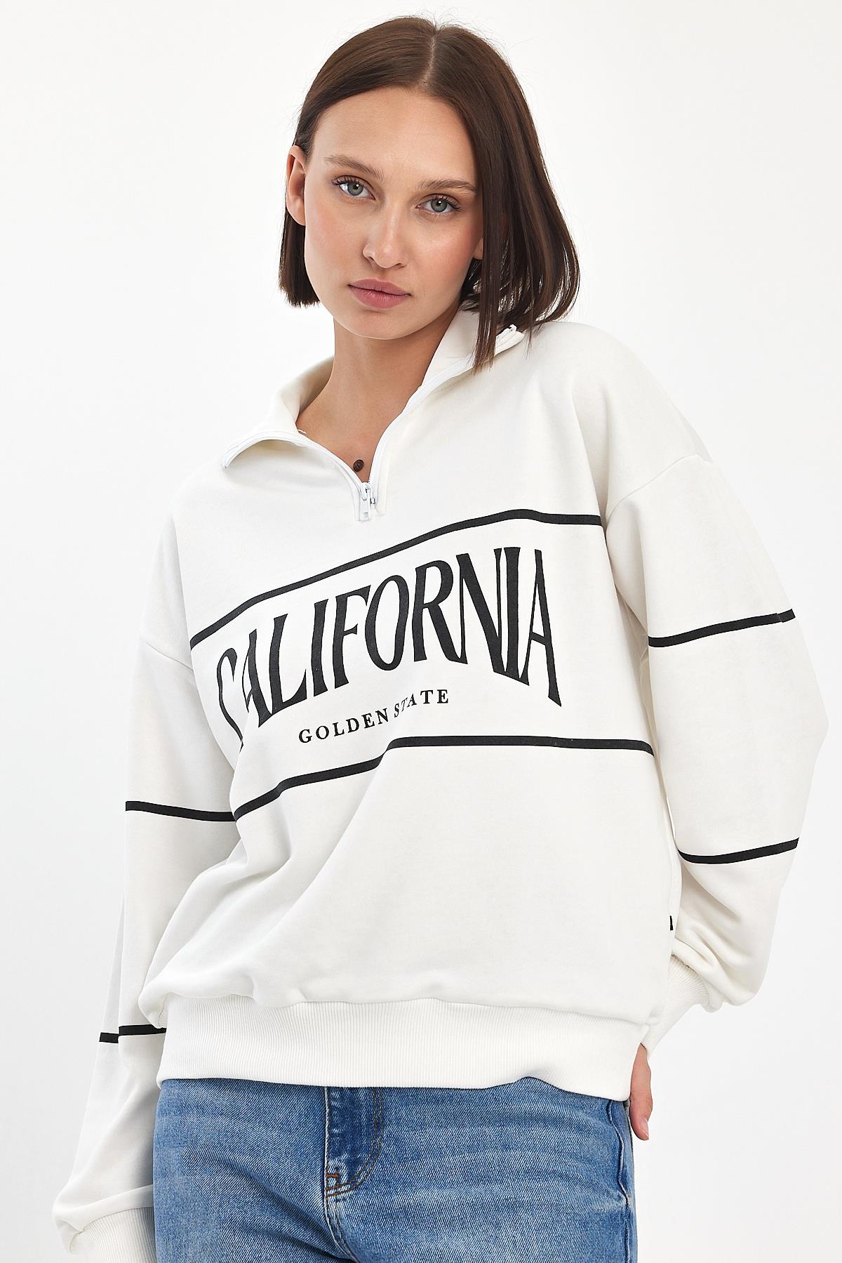 FİHA/5025-KADIN DİK YAKA YARIM FERMUARLI SWEAT - OFF WHITE