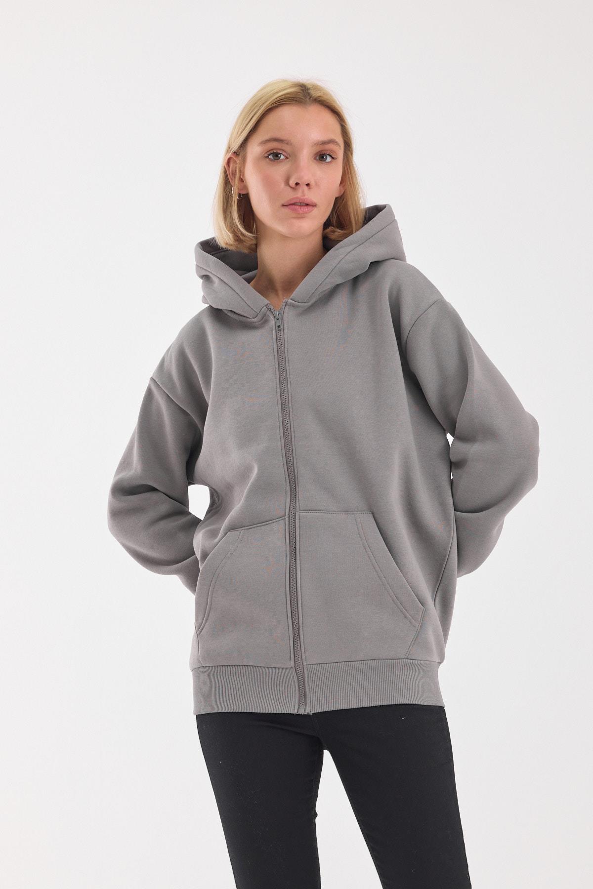 FİHA/5026-UNISEX ŞARDONLU OVERSIZE FERMUARLI KAPŞONLU SWEAT - GRİ