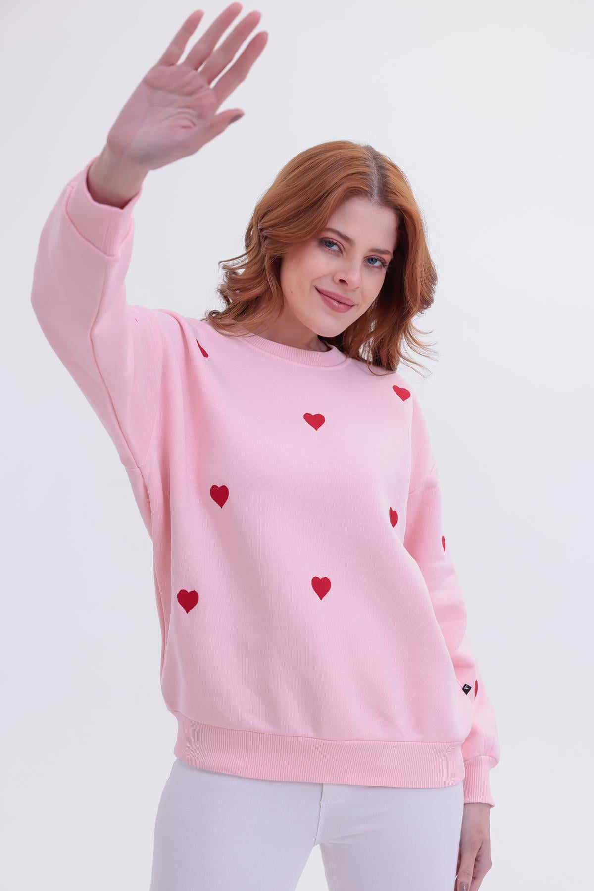 FİHA/5031-KADIN NAKIŞLI 3 İPLİK ŞARDONLU SWEAT - PEMBE