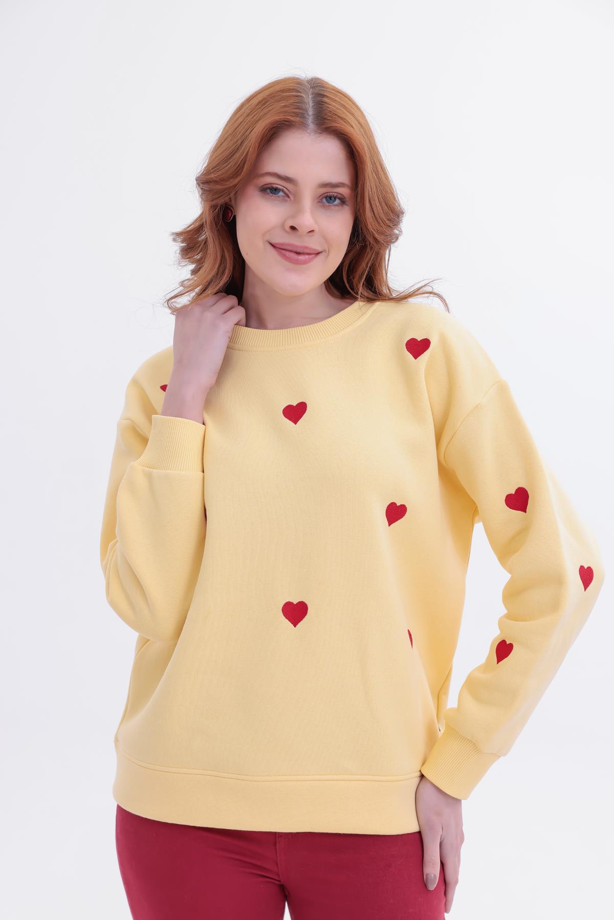FİHA/5031-KADIN NAKIŞLI 3 İPLİK ŞARDONLU SWEAT - SARI