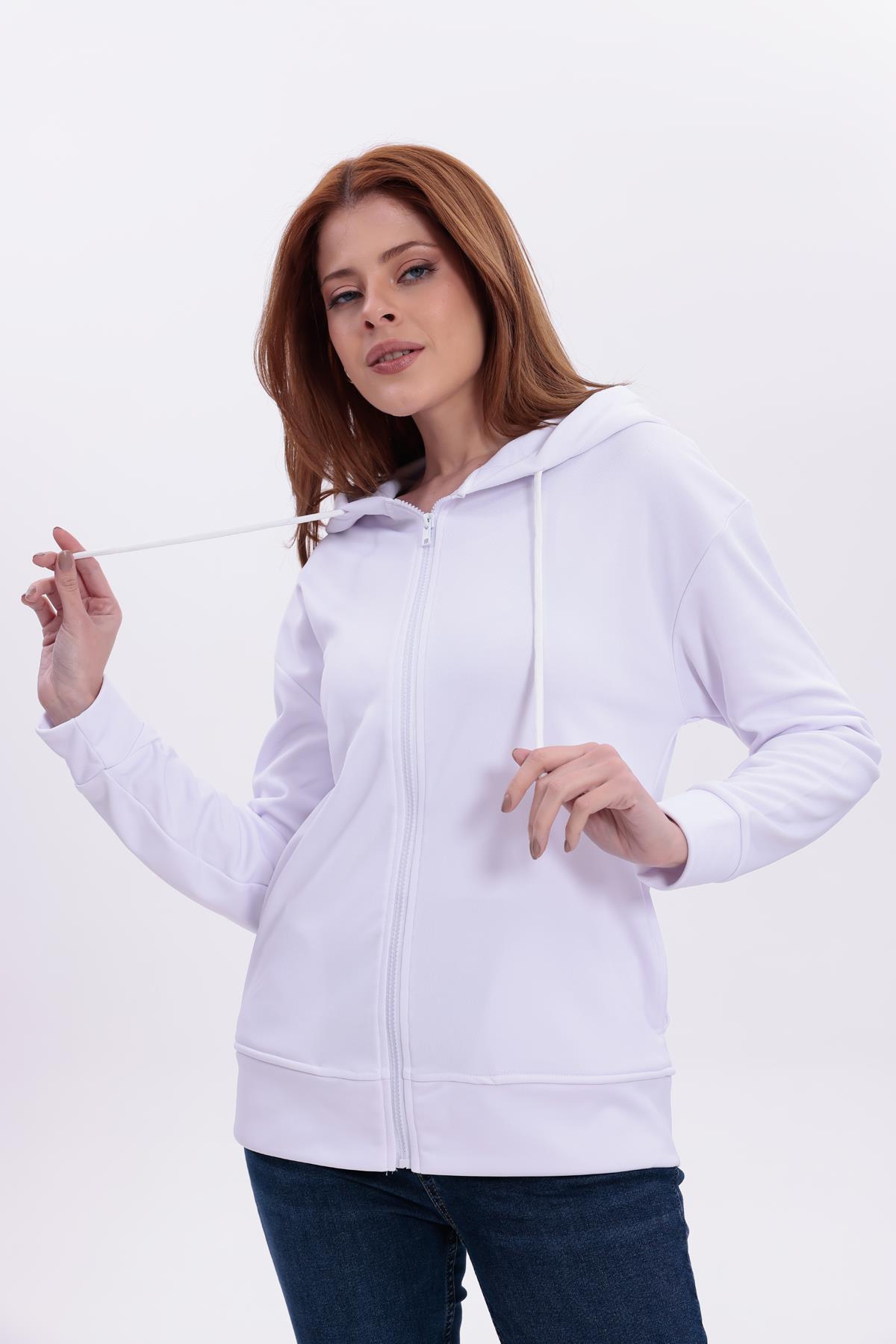 FİHA/5033-AKAT FERMUARLI KAPŞONLU SWEAT - BEYAZ