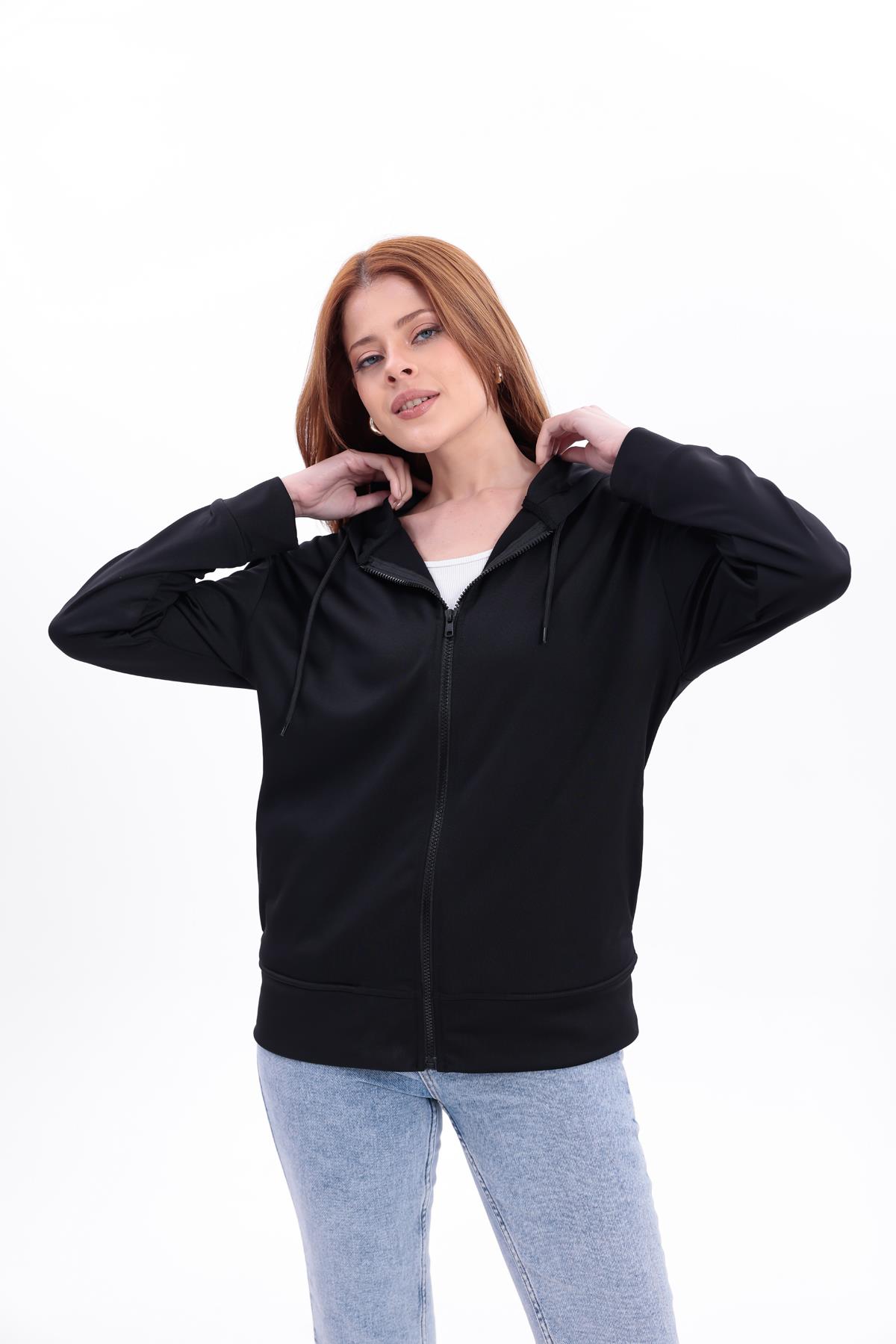 FİHA/5033-AKAT FERMUARLI KAPŞONLU SWEAT - SİYAH