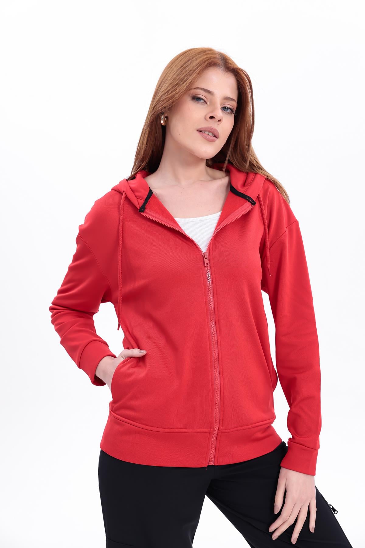FİHA/5033-AKAT FERMUARLI KAPŞONLU SWEAT - KIRMIZI