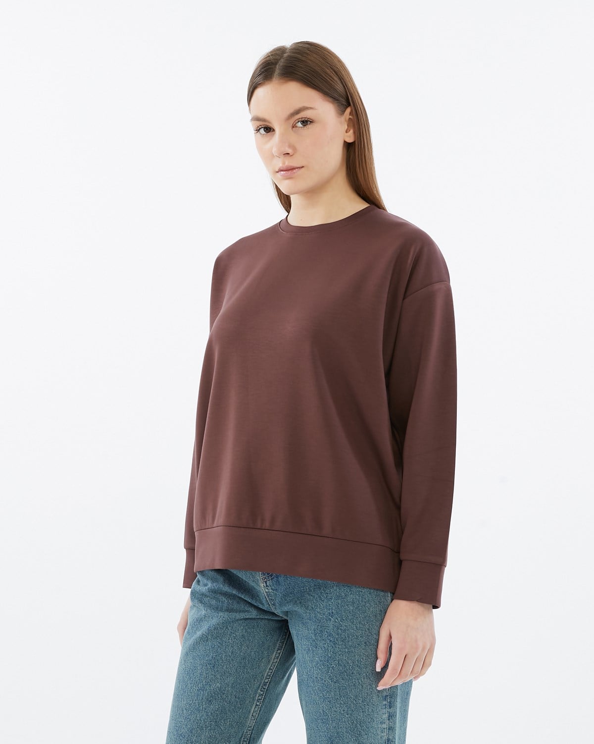 FİHA/5039-VİSKON LİKRALI DOUBLEFACE SIFIR YAKA SWEAT - KAHVE
