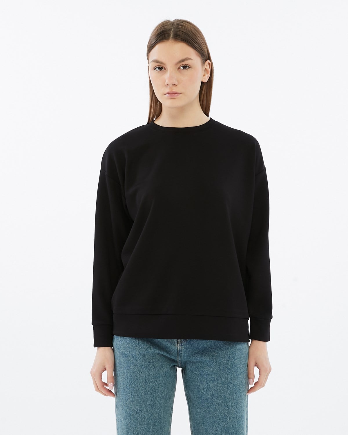 FİHA/5039-VİSKON LİKRALI DOUBLEFACE SIFIR YAKA SWEAT - SİYAH