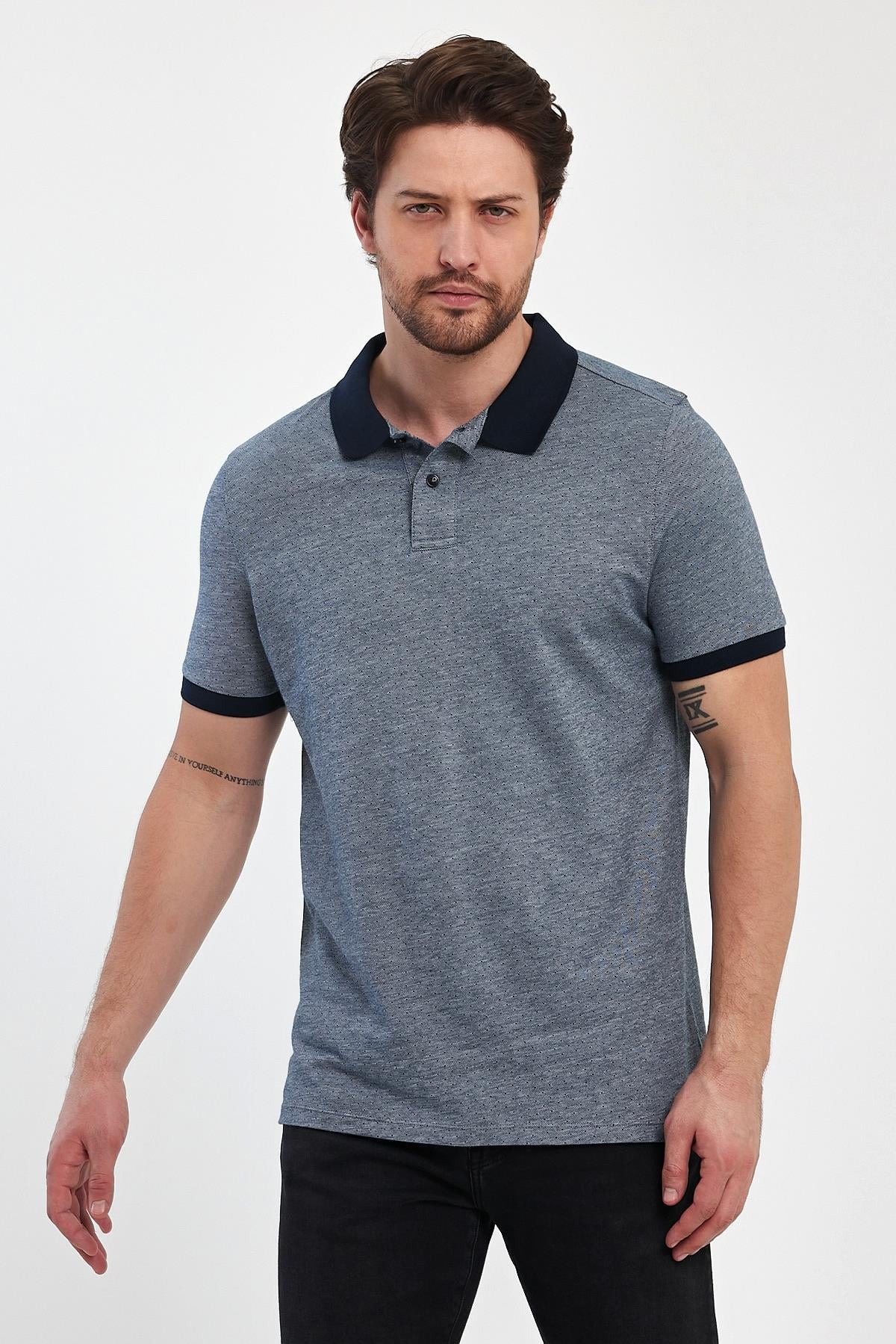 FİHA/7019-ERKEK NOKTA DESENLİ JAKARLI POLO YAKA - LACİVERT