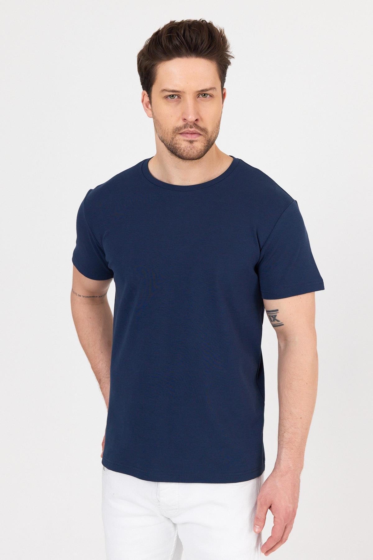 FİHA/7032-UNISEX RİBANA COMPACT PENYE SIFIR YAKA TSHIRT - LACİVERT