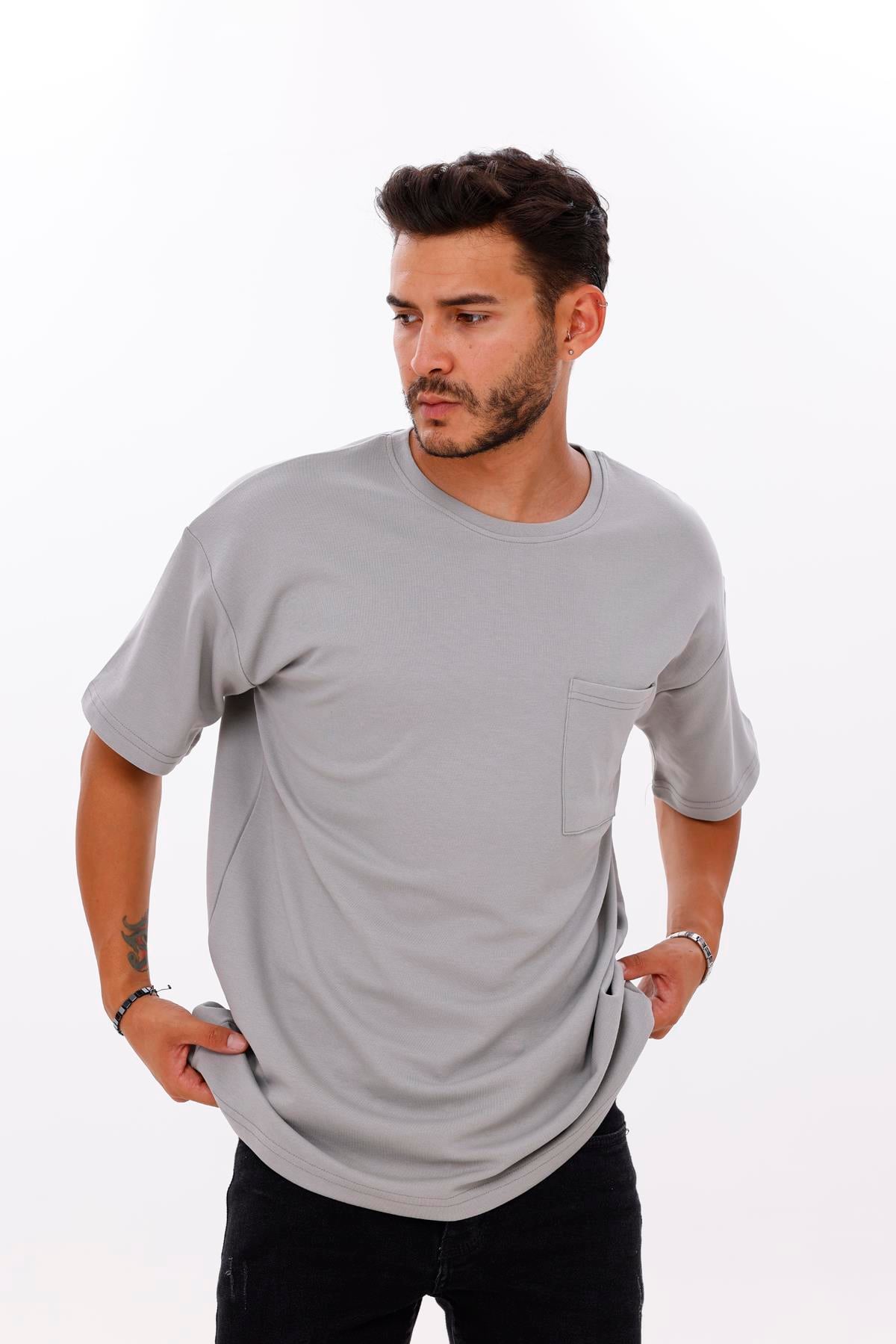 FİHA/7033-ERKEK OVERSIZE DOUBLEFACE CEPLİ TSHIRT - ULTİMATE GRAY