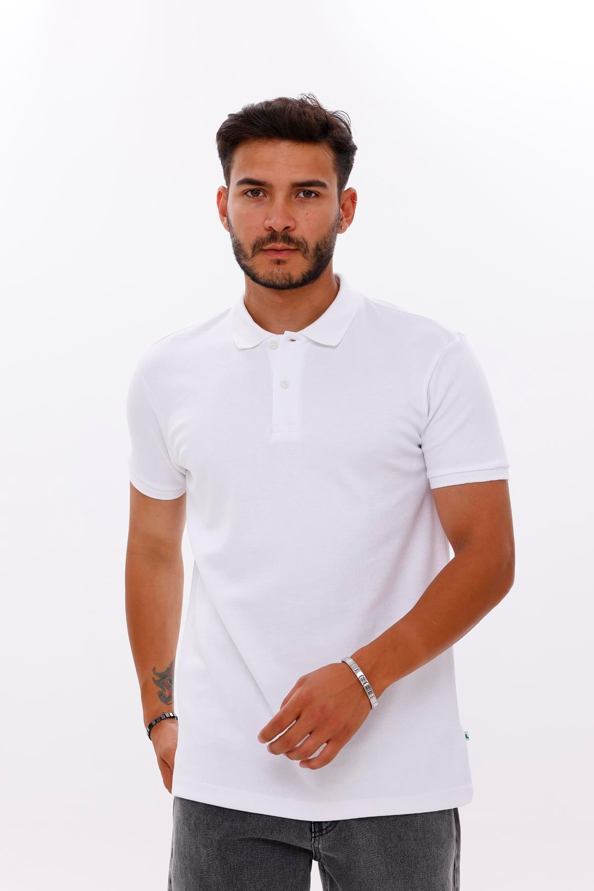 FİHA/7034-ERKEK POLO YAKA DOUBLEFACE TSHIRT - BEYAZ