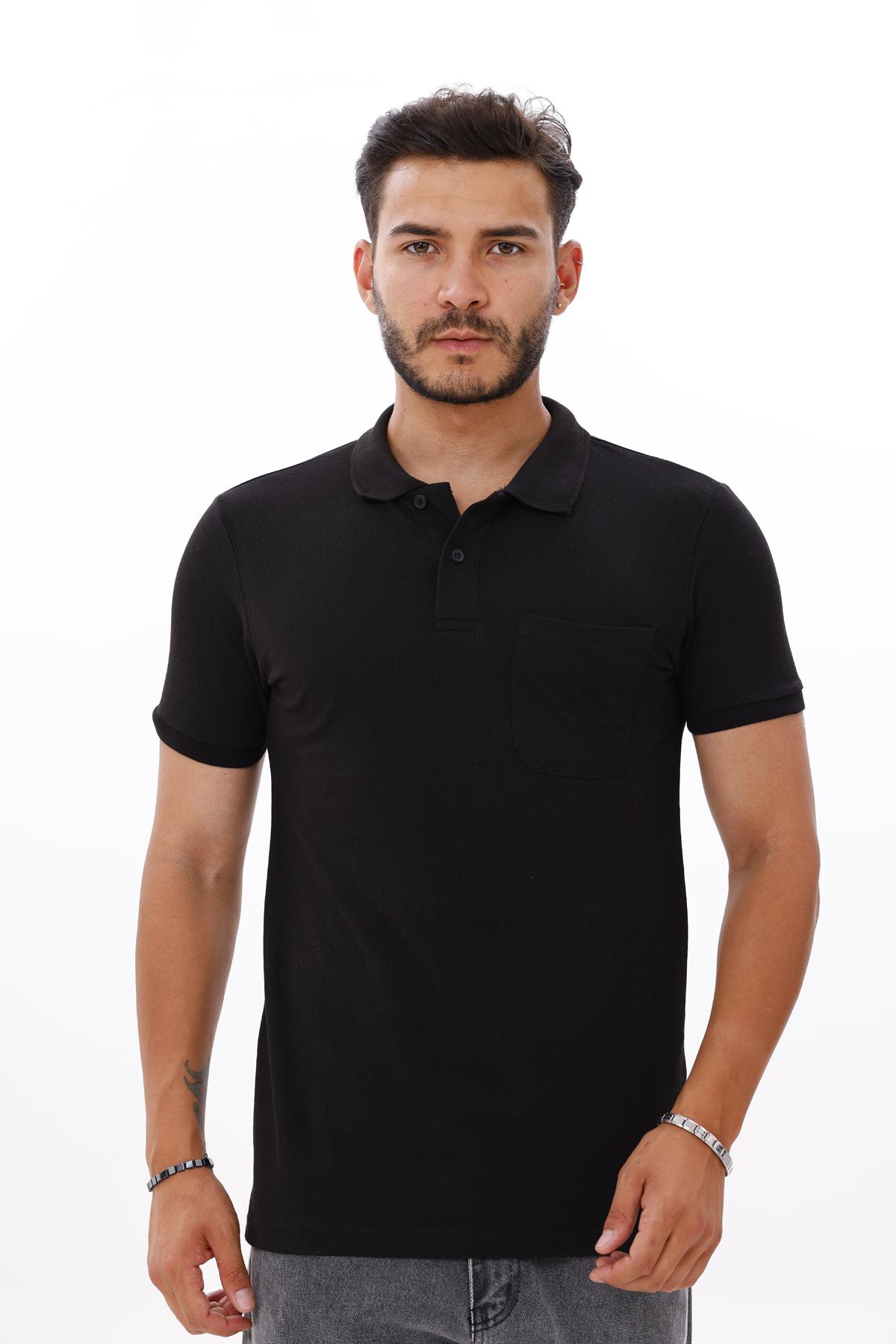 FİHA/7034-ERKEK POLO YAKA DOUBLEFACE TSHIRT - SİYAH