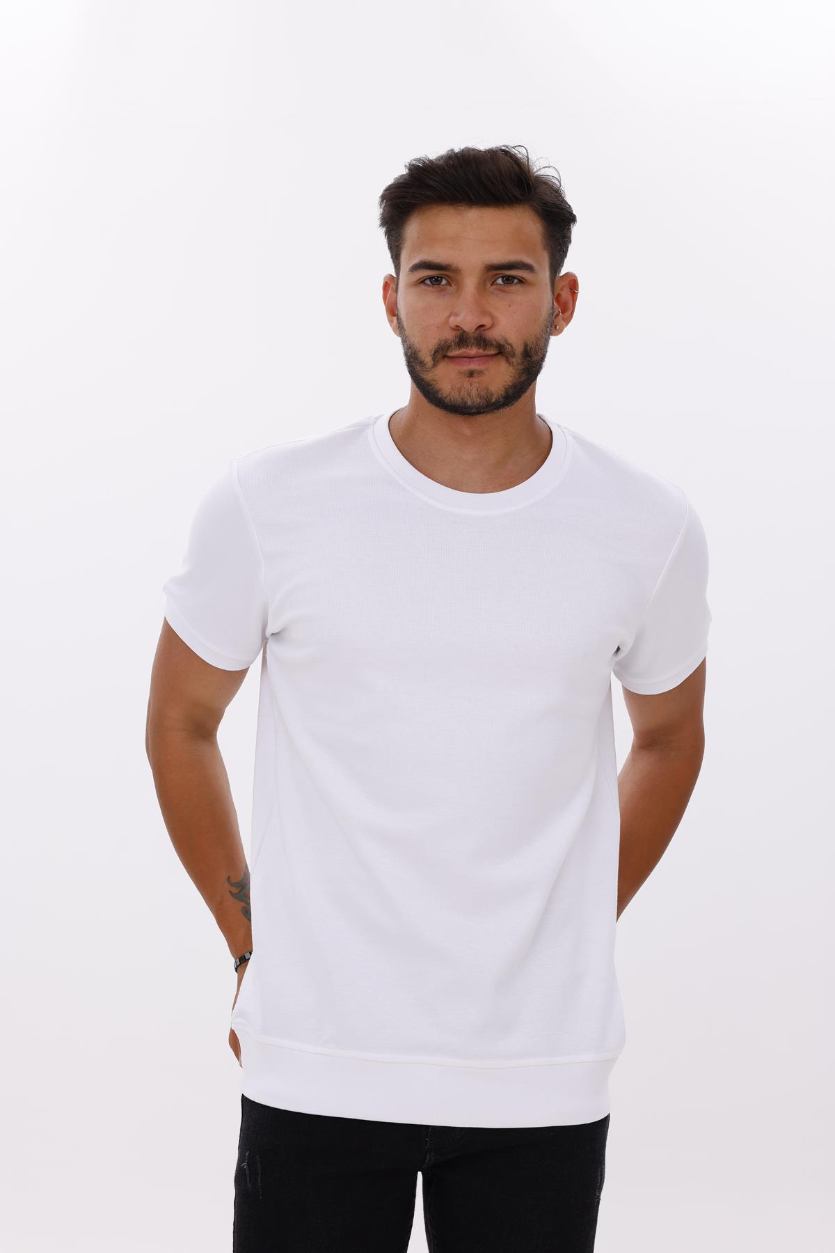 FİHA/7035-ERKEK ETEK KOL RİBANALI DOUBLEFACE TSHIRT - BEYAZ