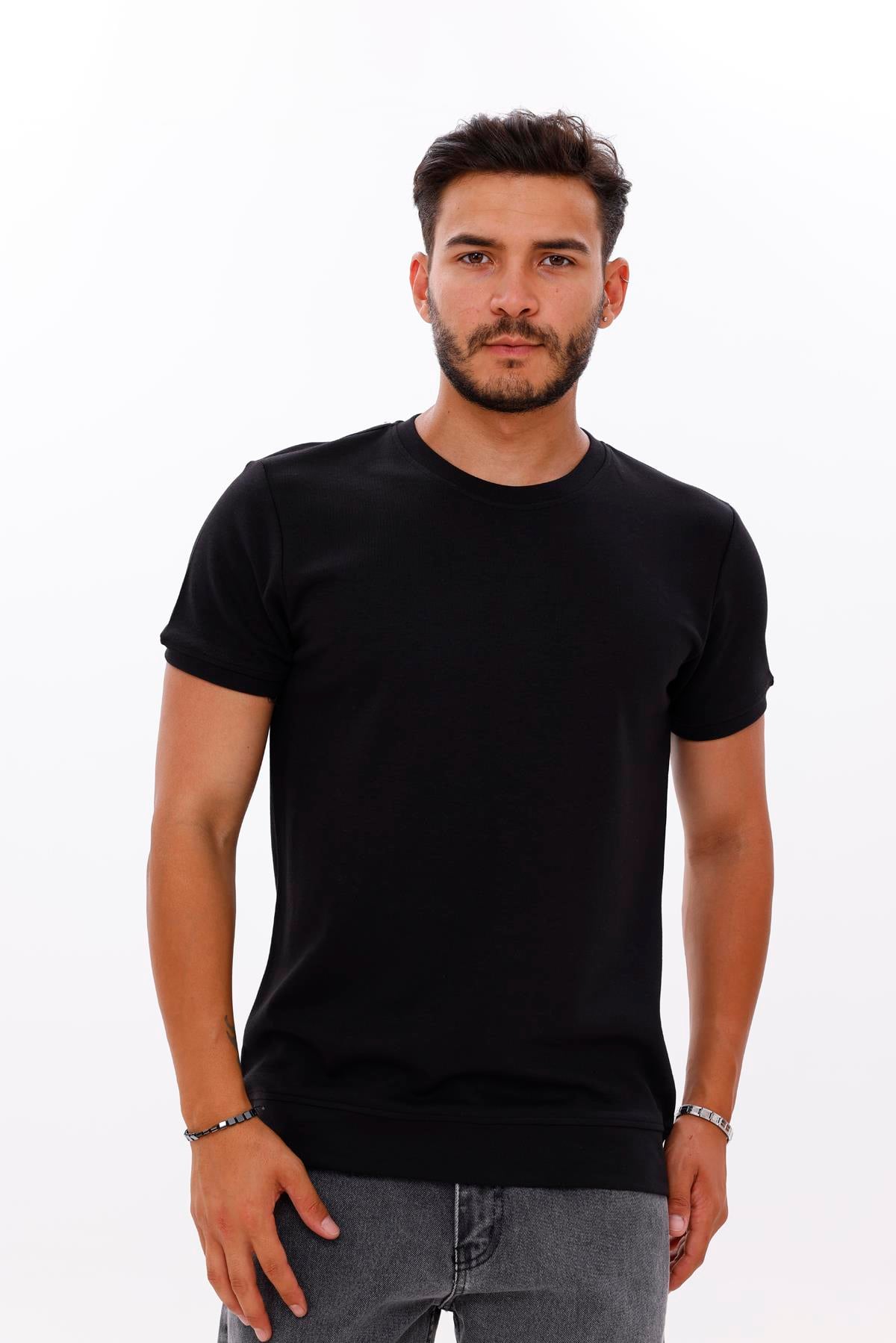 FİHA/7035-ERKEK ETEK KOL RİBANALI DOUBLEFACE TSHIRT - SİYAH