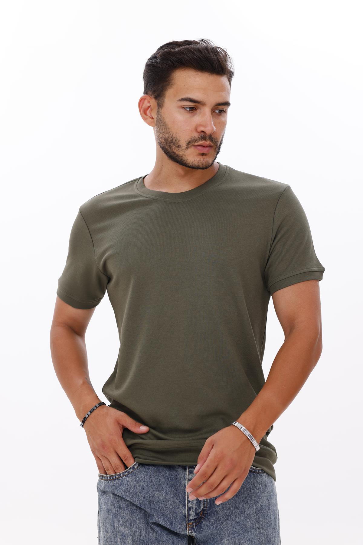 FİHA/7035-ERKEK ETEK KOL RİBANALI DOUBLEFACE TSHIRT - HAKİ