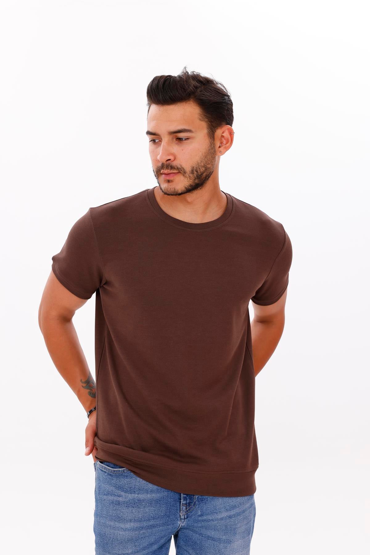 FİHA/7035-ERKEK ETEK KOL RİBANALI DOUBLEFACE TSHIRT - CHOCOLATE BROWN