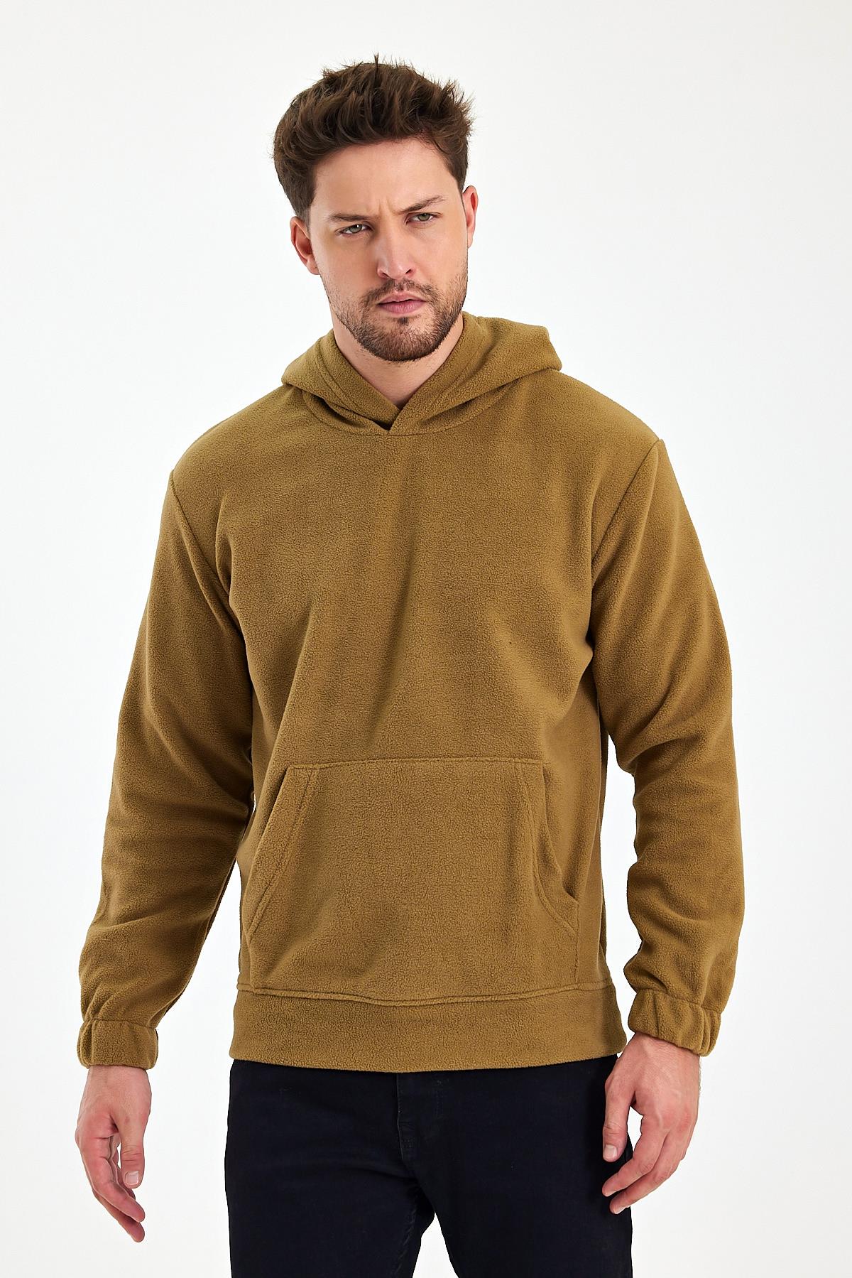 FİHA/8811-ERKEK POLAR KAPŞONLU KANGURU CEPLİ SWEAT - AÇIK KAHVE