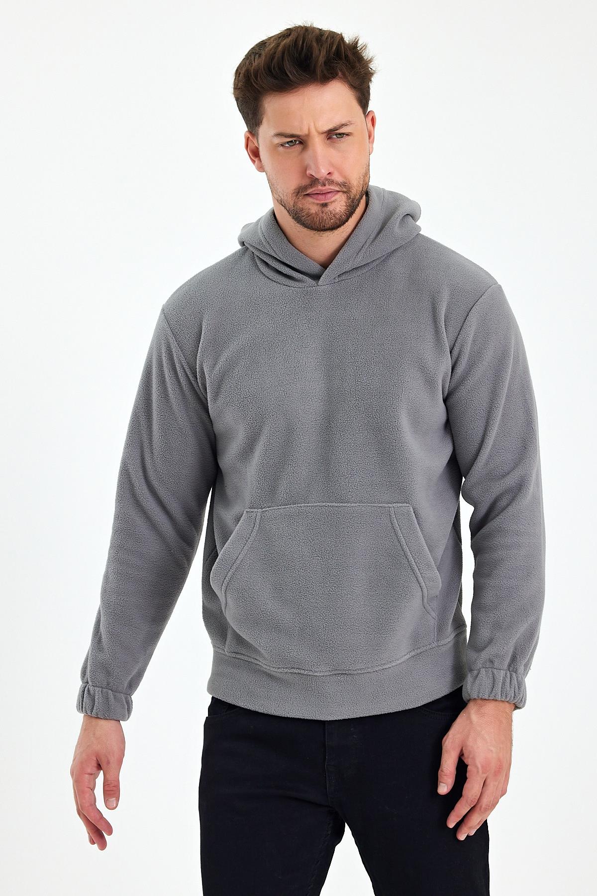 FİHA/8811-ERKEK POLAR KAPŞONLU KANGURU CEPLİ SWEAT - GRİ
