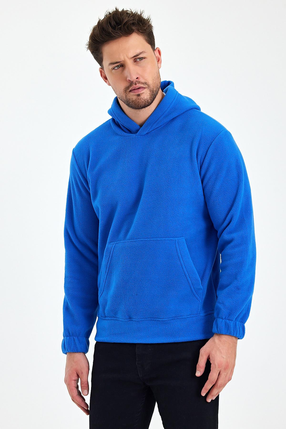 FİHA/8811-ERKEK POLAR KAPŞONLU KANGURU CEPLİ SWEAT - MAVİ