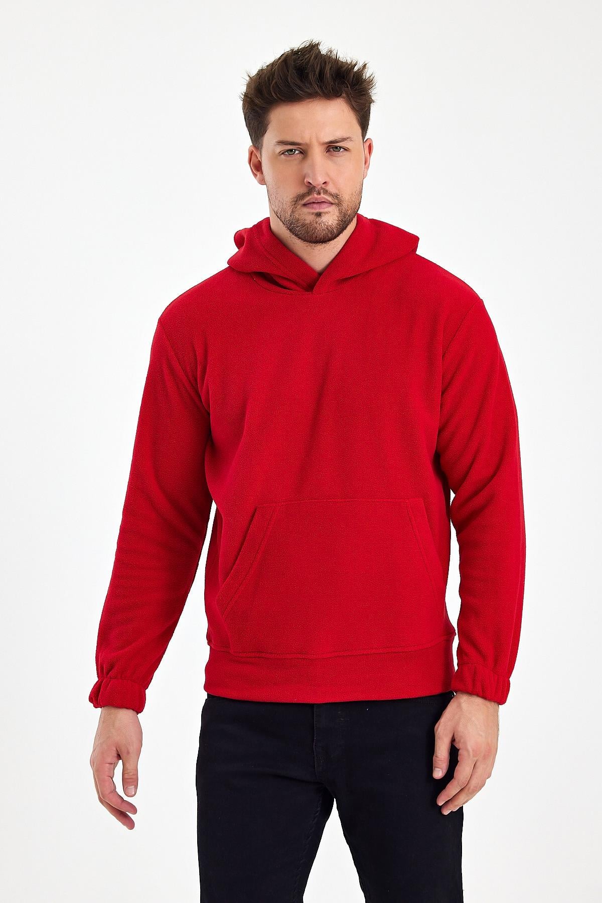 FİHA/8811-ERKEK POLAR KAPŞONLU KANGURU CEPLİ SWEAT - KIRMIZI